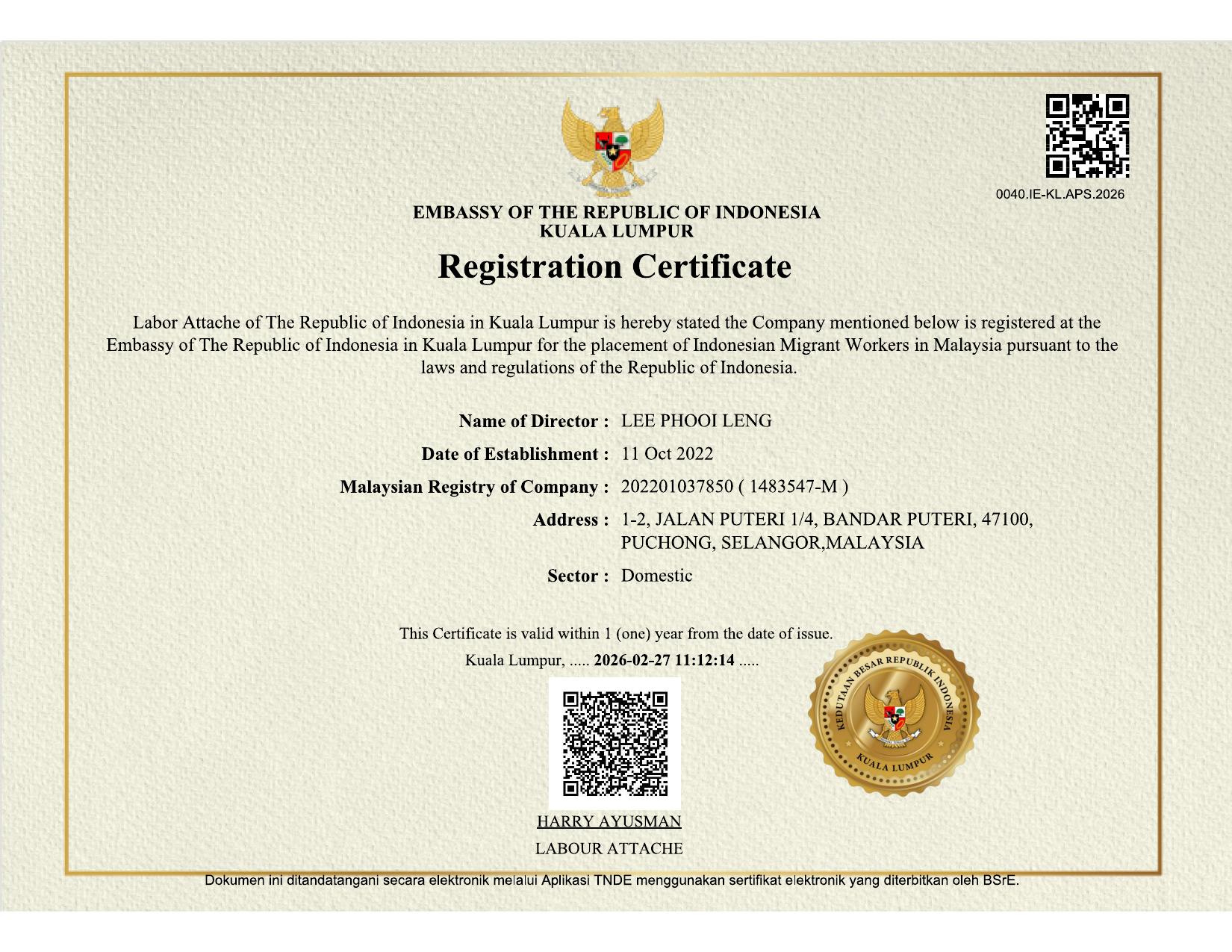 Embassy of the Republic of Indonesia Kuala Lumpur — Damai Maid Certificate 0040.IE-KL.APS.2026